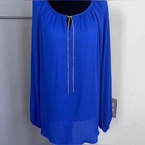 Zac & Rachel Blouse Top Semi Sheer Royal Blue Tunic V Neck Size Large